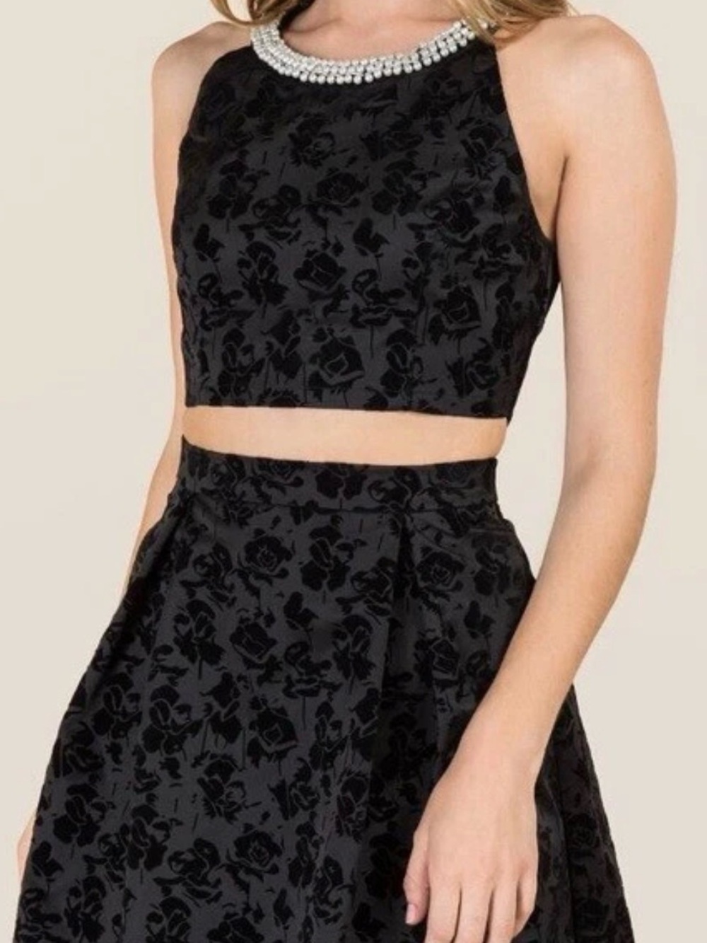 Black Floral Jacquard Two-Piece Crop Top & Skirt Set with Pearl Neckline